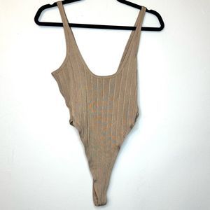 House of CB London Ribbed Back Zip Scoop Neck Tan Tank Bodysuit Large